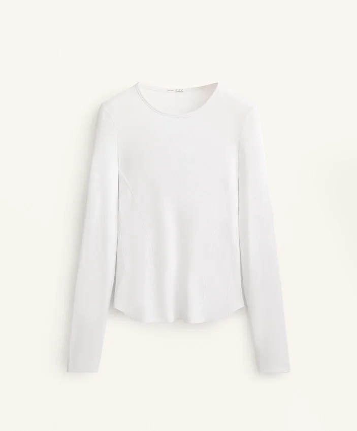 Dopasowany T-shirt z długim rękawem z dzianiny prążkowanej z bawełny i modalu Dopasowany T-shirt z długim rękawem z dzianiny prążkowanej z bawełny i modalu