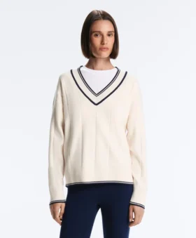Dzianinowy sweter z kontrastowym dekoltem w serek Dzianinowy sweter z kontrastowym dekoltem w serek