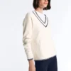 Dzianinowy sweter z kontrastowym dekoltem w serek Dzianinowy sweter z kontrastowym dekoltem w serek