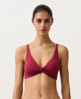 Geometryczny wzór żakardowy na górce bikini i wiązanie na szyi