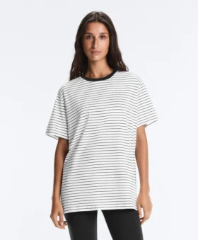 Koszula oversize z krótkim rękawem z mieszanki bawełny z kontrastowymi paskami Koszula oversize z krótkim rękawem z mieszanki bawełny z kontrastowymi paskami