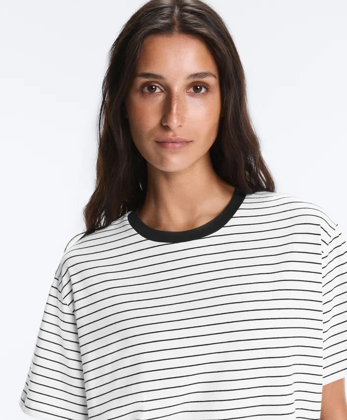 Koszula oversize z krótkim rękawem z mieszanki bawełny z kontrastowymi paskami Koszula oversize z krótkim rękawem z mieszanki bawełny z kontrastowymi paskami