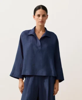 Koszula polo oversize z długim rękawem, w 100% z lnu