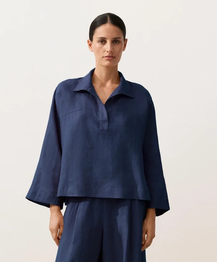 Koszula polo oversize z długim rękawem, w 100% z lnu Koszula polo oversize z długim rękawem, w 100% z lnu