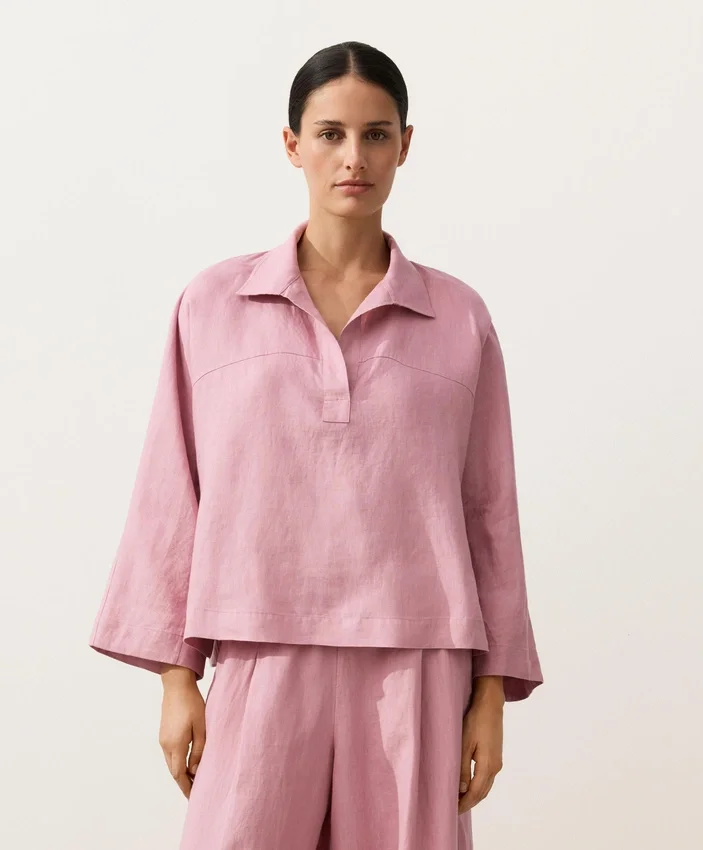 Koszula polo oversize z długim rękawem, w 100% z lnu Koszula polo oversize z długim rękawem, w 100% z lnu