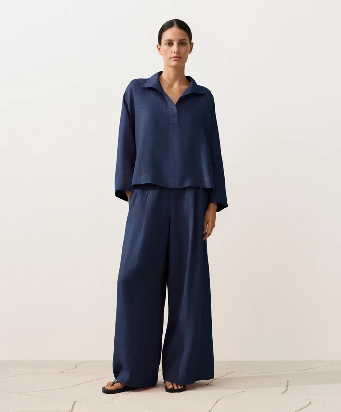 Koszula polo oversize z długim rękawem, w 100% z lnu Koszula polo oversize z długim rękawem, w 100% z lnu