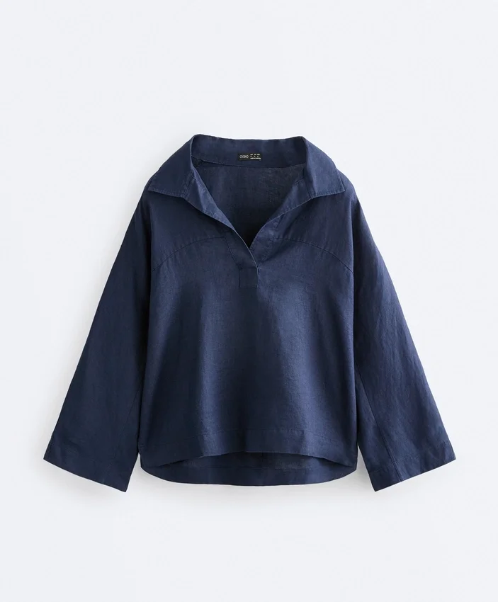 Koszula polo oversize z długim rękawem, w 100% z lnu Koszula polo oversize z długim rękawem, w 100% z lnu
