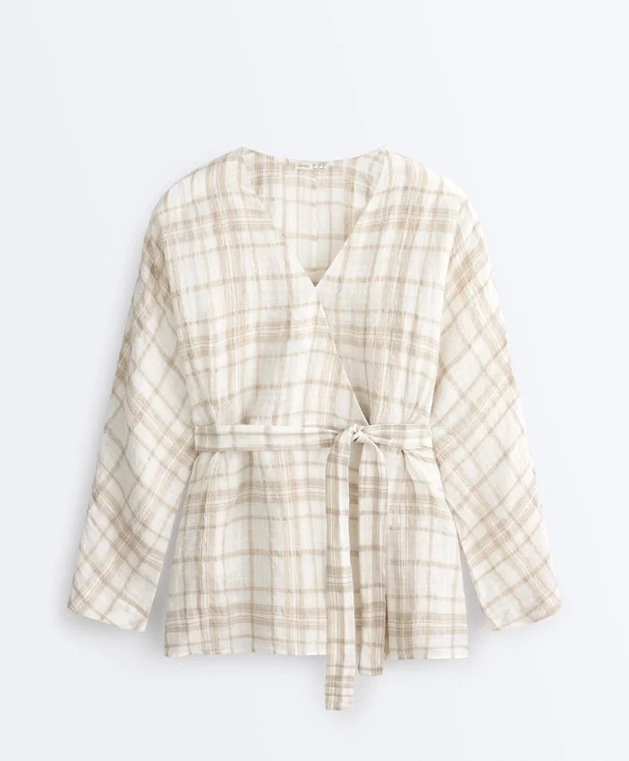 Koszula w stylu kimono z mieszanki lnu i lyocellu w kratę Koszula w stylu kimono z mieszanki lnu i lyocellu w kratę