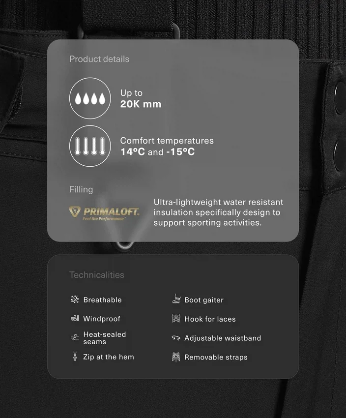 Spodnie narciarskie Primaloft® Feel the Performance Tm, wodoodporne, o luźnym kroju i prostych nogawkach Spodnie narciarskie Primaloft® Feel the Performance Tm, wodoodporne, o luźnym kroju i prostych nogawkach
