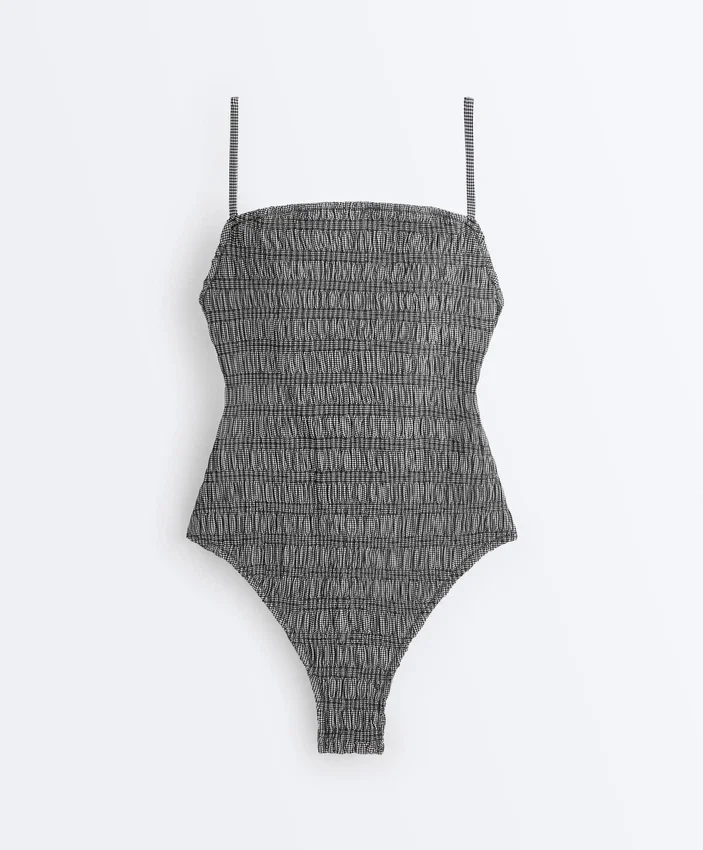 Strój kąpielowy bandeau z materiału smock w kratkę Strój kąpielowy bandeau z materiału smock w kratkę