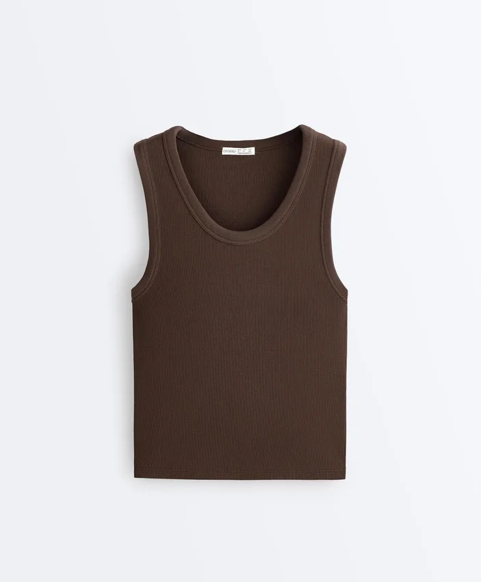 T-shirt z prążkowanego materiału z szerokimi ramiączkami, bawełna i modal T-shirt z prążkowanego materiału z szerokimi ramiączkami, bawełna i modal
