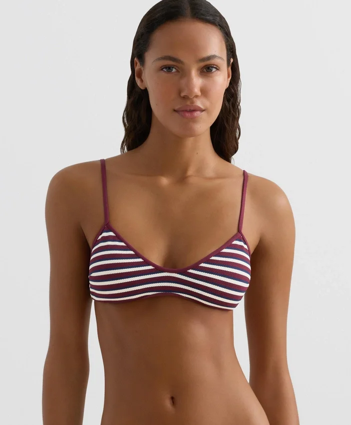 Top bikini w trójkąt z teksturowanego materiału w paski Top bikini w trójkąt z teksturowanego materiału w paski