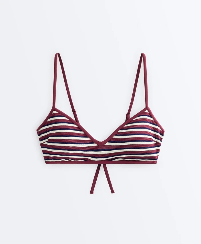 Top bikini w trójkąt z teksturowanego materiału w paski Top bikini w trójkąt z teksturowanego materiału w paski
