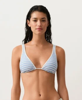 Top bikini z trójkątnymi miseczkami, w paski, z wiązaniem na szyi
