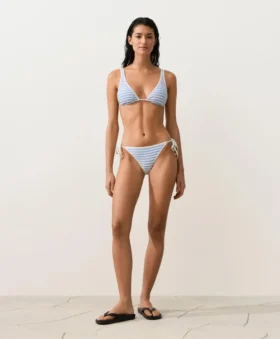 Top bikini z trójkątnymi miseczkami, w paski, z wiązaniem na szyi